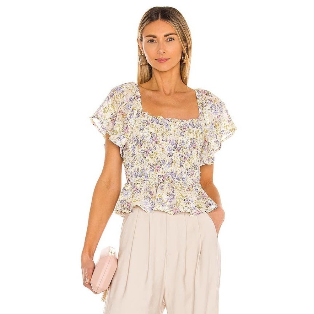 ASTR the label Lilac Floral Smocked January Tops Flutter sleeves Ivory Size L
